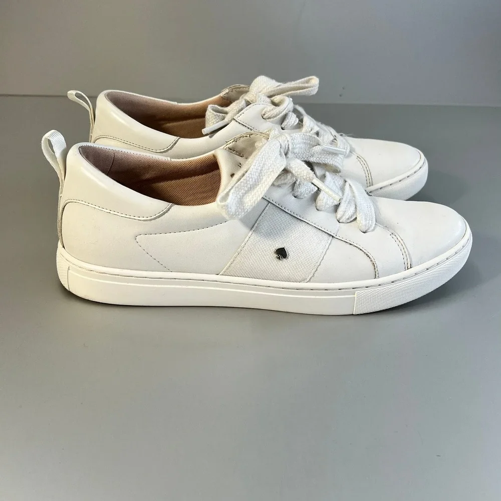 Kate Spade New York Adorn White Leather Low Top Sneakers Gold Spade 8 gym shoe